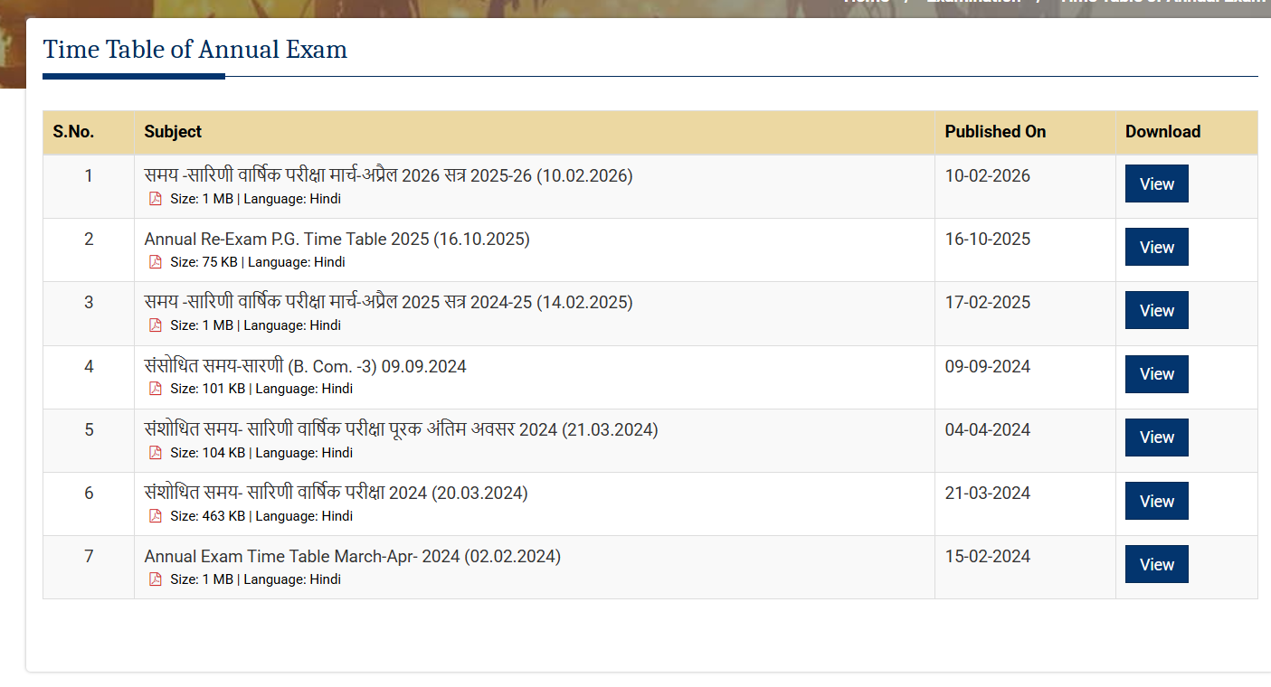Bastar University Exam Schedule 2026