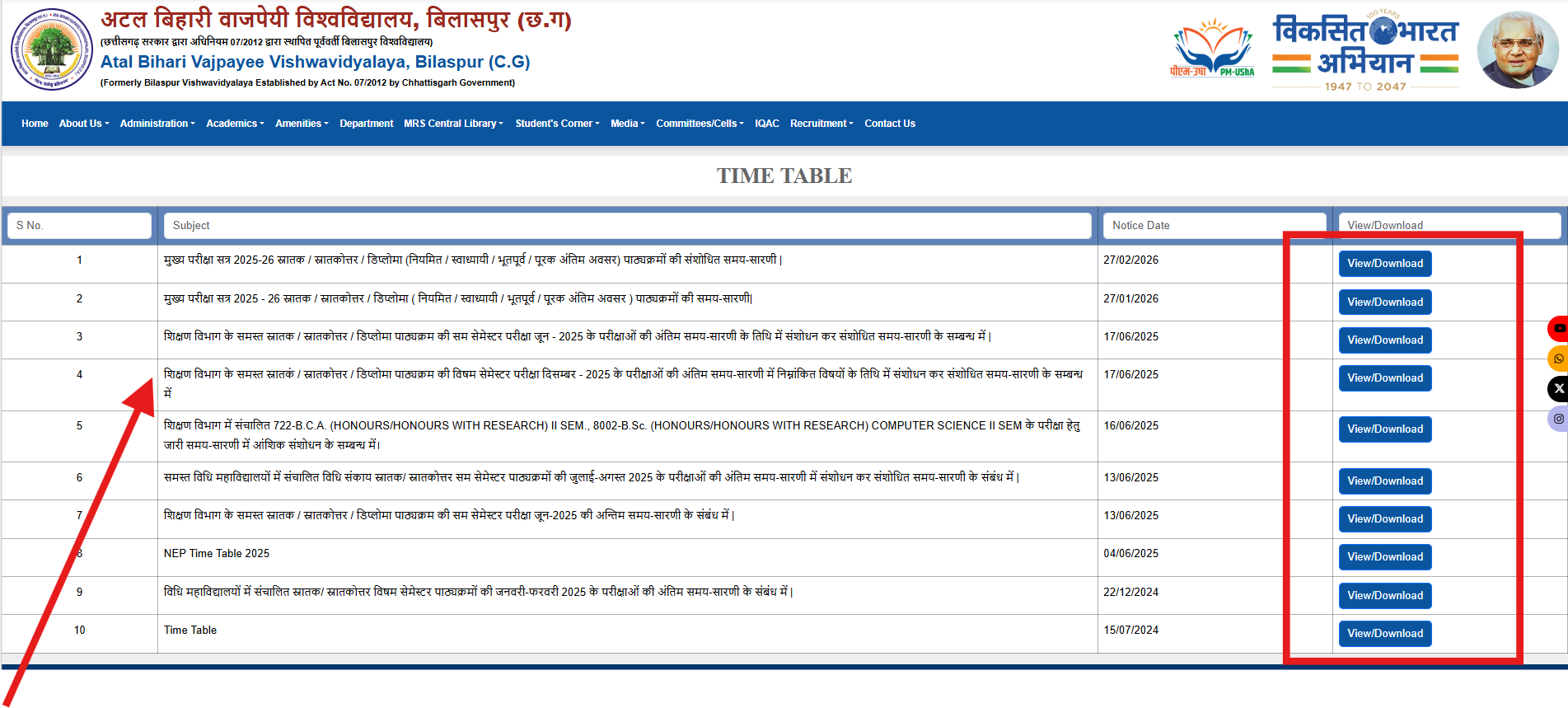 Bilaspur University Exam Time Table 2026