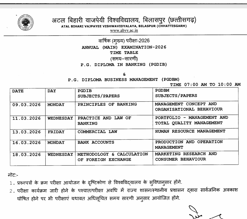 Bilaspur University Exam Time Table