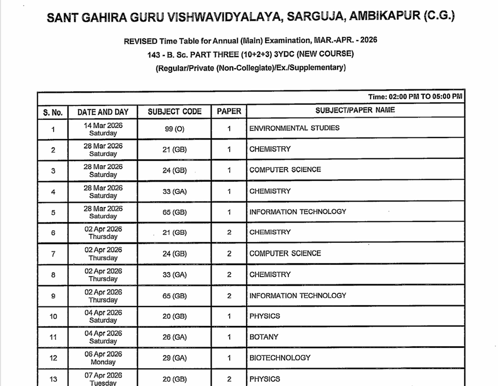 Download Sarguja University Timetable 2026 PDF online
